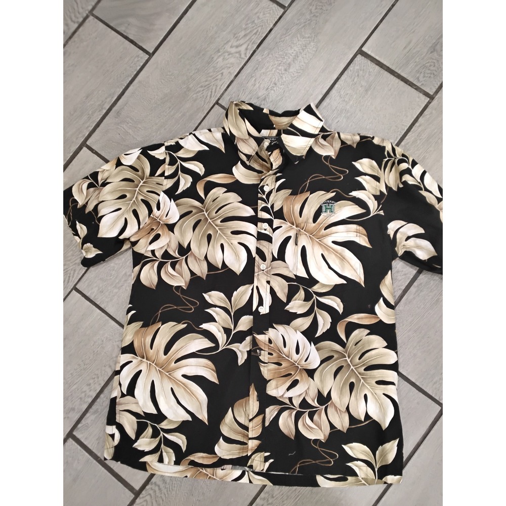 University of Hawaii Aloha Shirt Mens Medium Black Monstera Leaf Cotton 0171